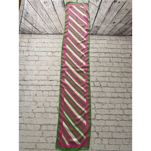 Burmel Vintage 1960's Pink Green Stripe Hand Rolled All‎ Silk Scarf 13x68 Italy - Picture 15 of 16
